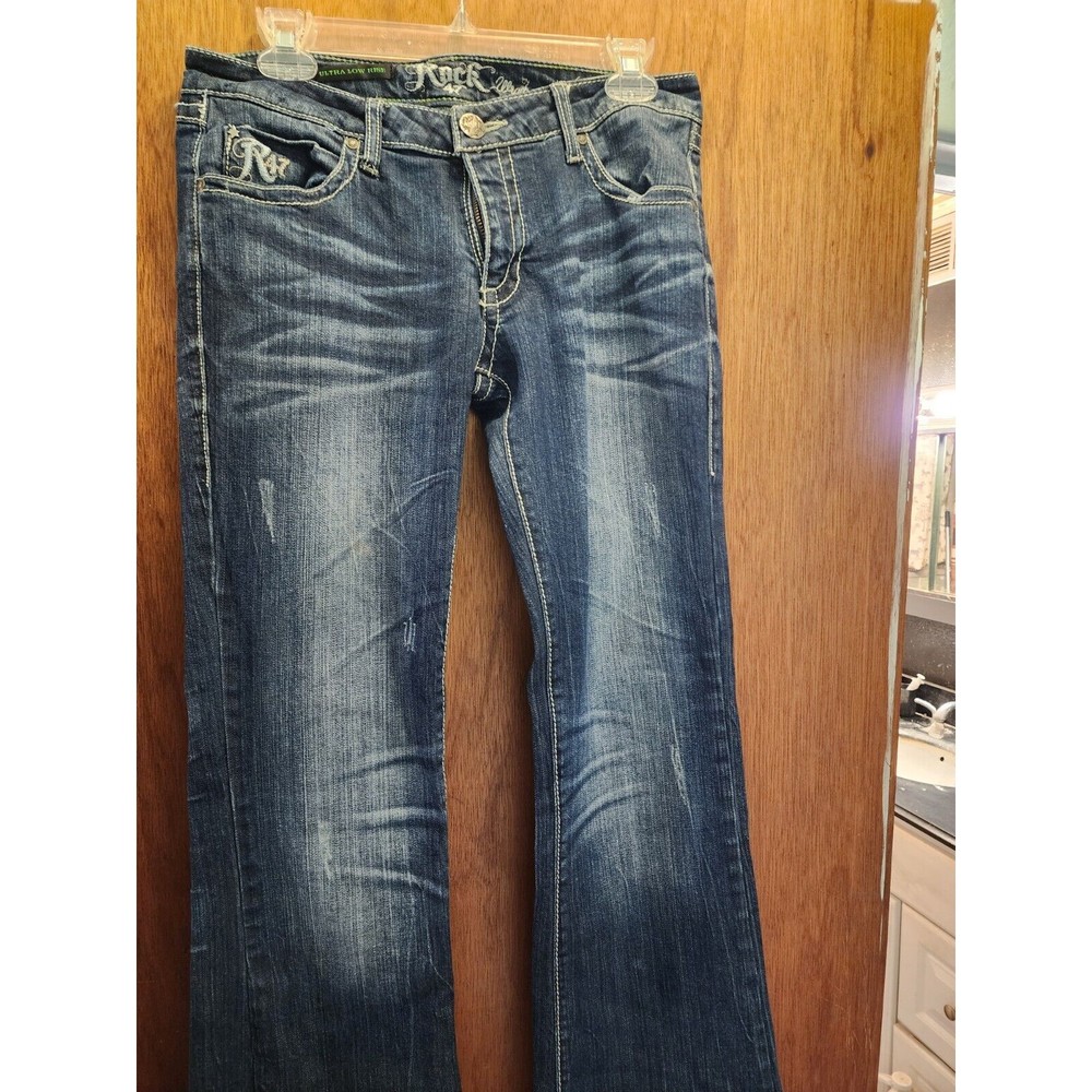 Rock 47 Wrangler Jeans Women 5 Blue Ultra Low  Western Bootcut Distressed Bling